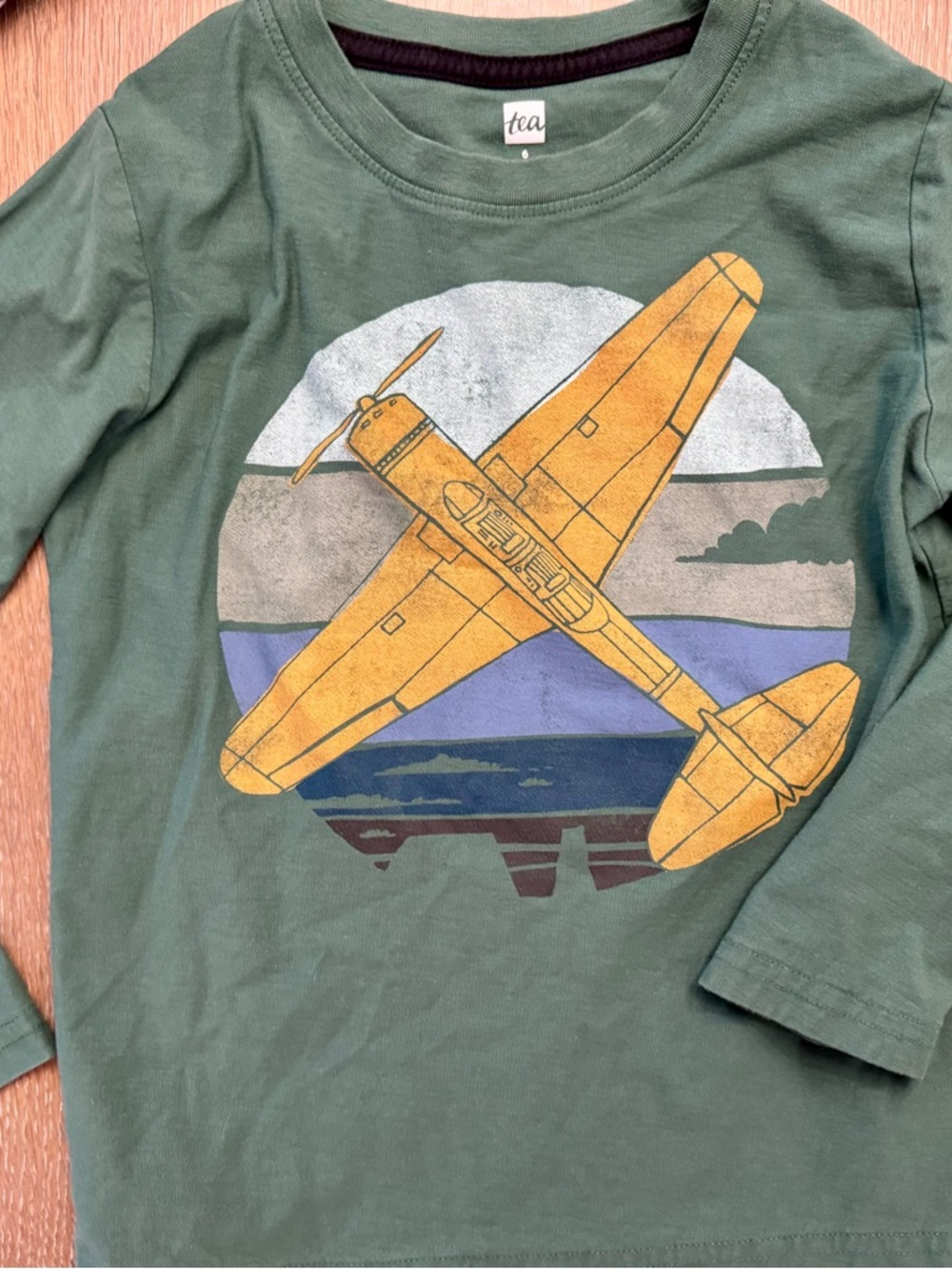 Tea Collection Green Long-Sleeve Tee with Yellow Plane Graphic